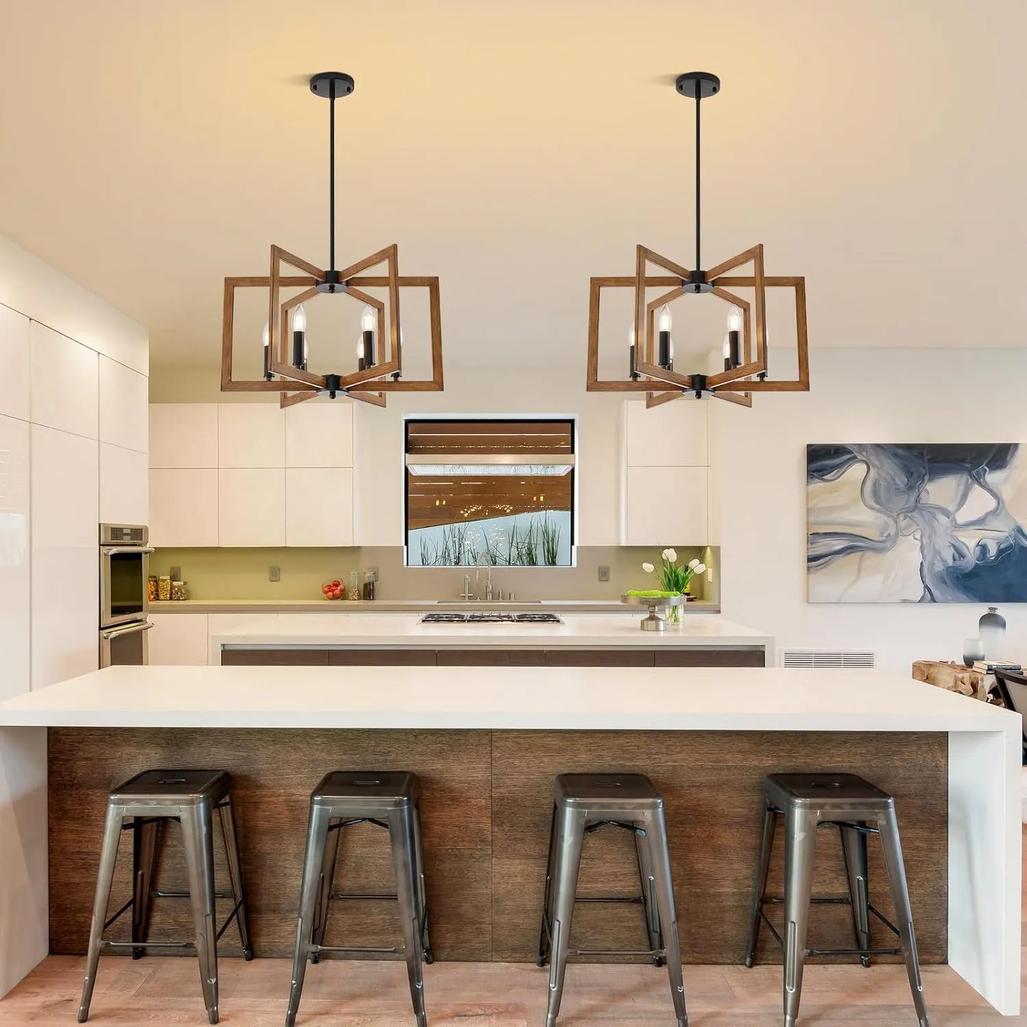 Farmhouse Chandelier, 6-Light Modern Geometric Dining Room Chandelier, Rustic Foyer Lighting Fixtures, Wood Grain Pendant Lights for Living Room, Dining Room, Bedroom, Kitchen Island, Entryway