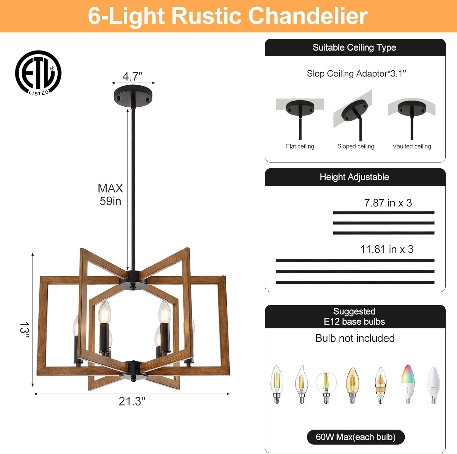 Farmhouse Chandelier, 6-Light Modern Geometric Dining Room Chandelier, Rustic Foyer Lighting Fixtures, Wood Grain Pendant Lights for Living Room, Dining Room, Bedroom, Kitchen Island, Entryway
