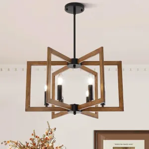 Farmhouse Chandelier, 6-Light Modern Geometric Dining Room Chandelier, Rustic Foyer Lighting Fixtures, Wood Grain Pendant Lights for Living Room, Dining Room, Bedroom, Kitchen Island, Entryway