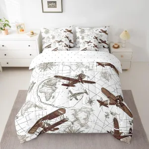 Feelyou 3D Aircraft Comforter Set 7 Pieces Airplane Print Bed in a Bag Aircraft Flying Flight Map Air Route Bedding Set Queen Size Bedroom Decor Brown Bed Set with Comforter, Sheet Set, Pillowcases