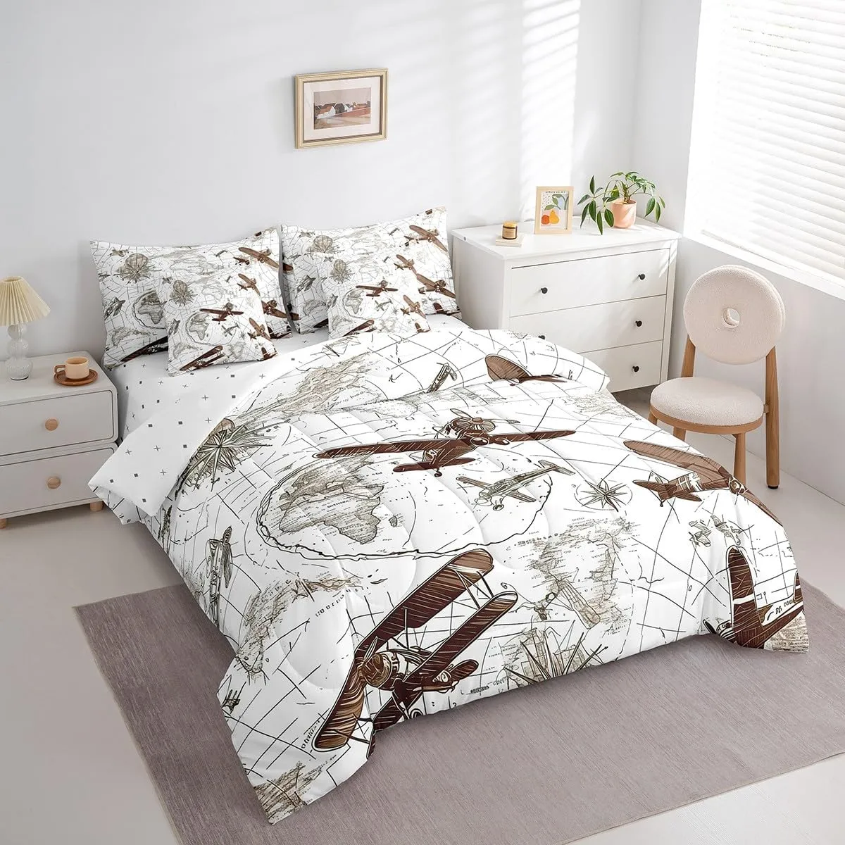 Feelyou 3D Aircraft Comforter Set 7 Pieces Airplane Print Bed in a Bag Aircraft Flying Flight Map Air Route Bedding Set Queen Size Bedroom Decor Brown Bed Set with Comforter, Sheet Set, Pillowcases