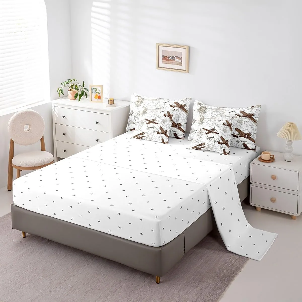 Feelyou 3D Aircraft Comforter Set 7 Pieces Airplane Print Bed in a Bag Aircraft Flying Flight Map Air Route Bedding Set Queen Size Bedroom Decor Brown Bed Set with Comforter, Sheet Set, Pillowcases