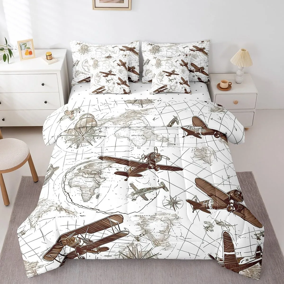 Feelyou 3D Aircraft Comforter Set 7 Pieces Airplane Print Bed in a Bag Aircraft Flying Flight Map Air Route Bedding Set Queen Size Bedroom Decor Brown Bed Set with Comforter, Sheet Set, Pillowcases