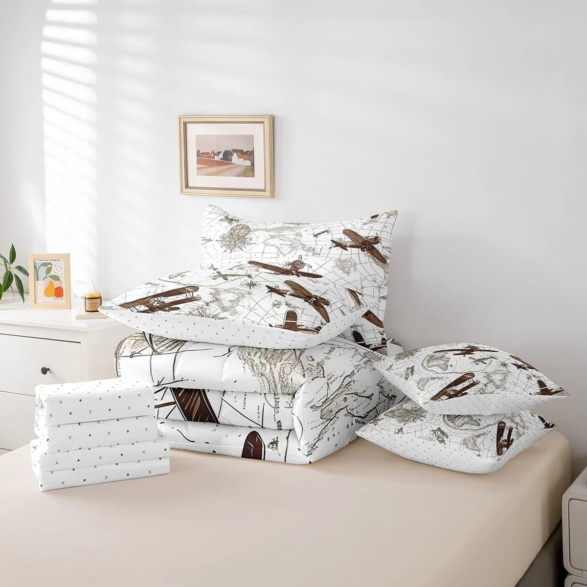 Feelyou 3D Aircraft Comforter Set 7 Pieces Airplane Print Bed in a Bag Aircraft Flying Flight Map Air Route Bedding Set Queen Size Bedroom Decor Brown Bed Set with Comforter, Sheet Set, Pillowcases