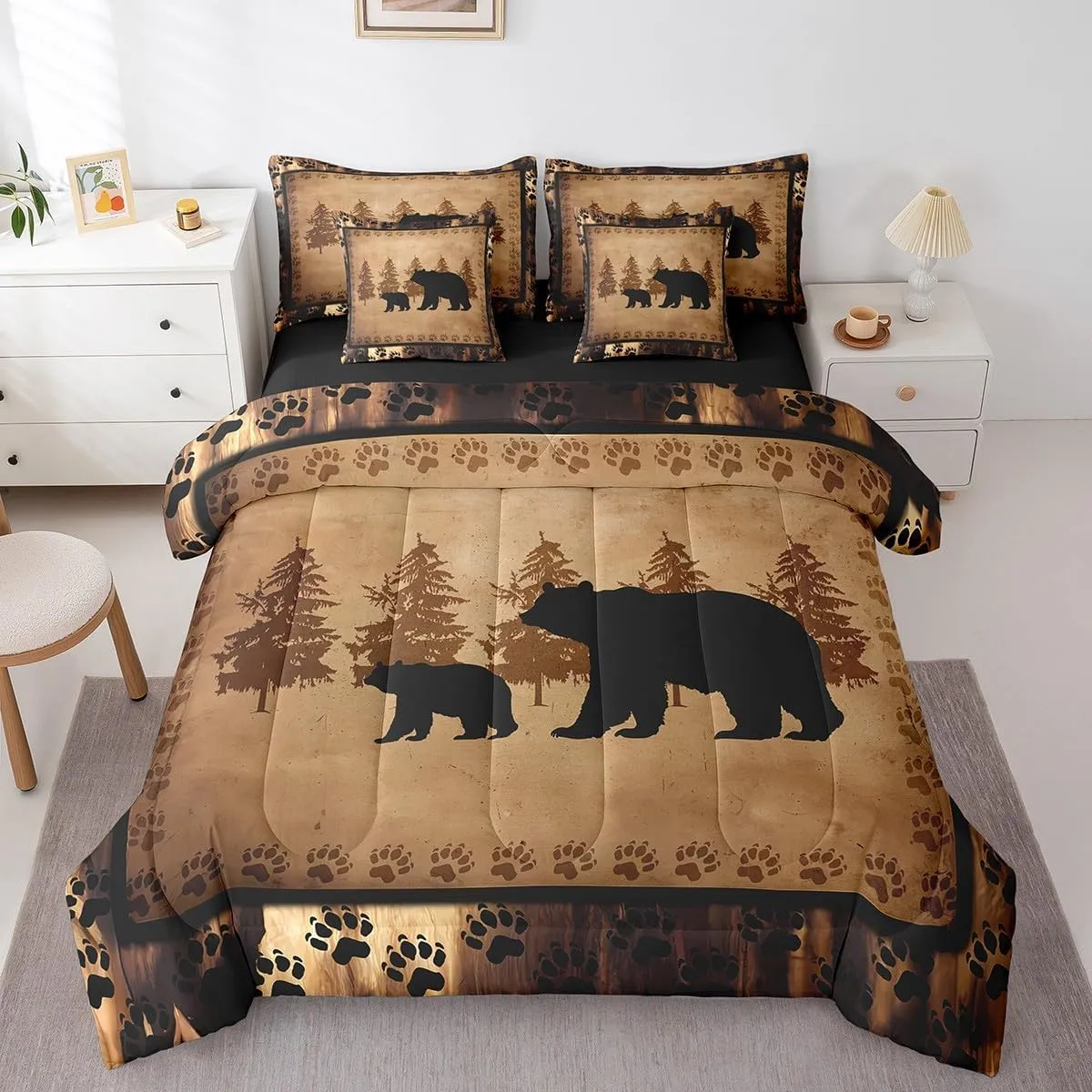 Feelyou Bear Comforter Set Queen Size 7 Pcs Cabin Lodge Bear Comforter Bed in a Bag Rustic Wild Animals Bedding Set for Boys Girls Bear Hunting Bed Set with Sheets, Pillowcases, Pillow Covers