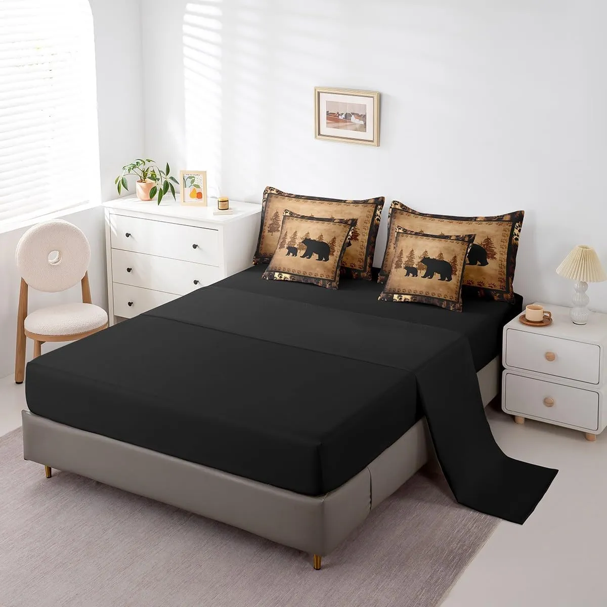 Feelyou Bear Comforter Set Queen Size 7 Pcs Cabin Lodge Bear Comforter Bed in a Bag Rustic Wild Animals Bedding Set for Boys Girls Bear Hunting Bed Set with Sheets, Pillowcases, Pillow Covers