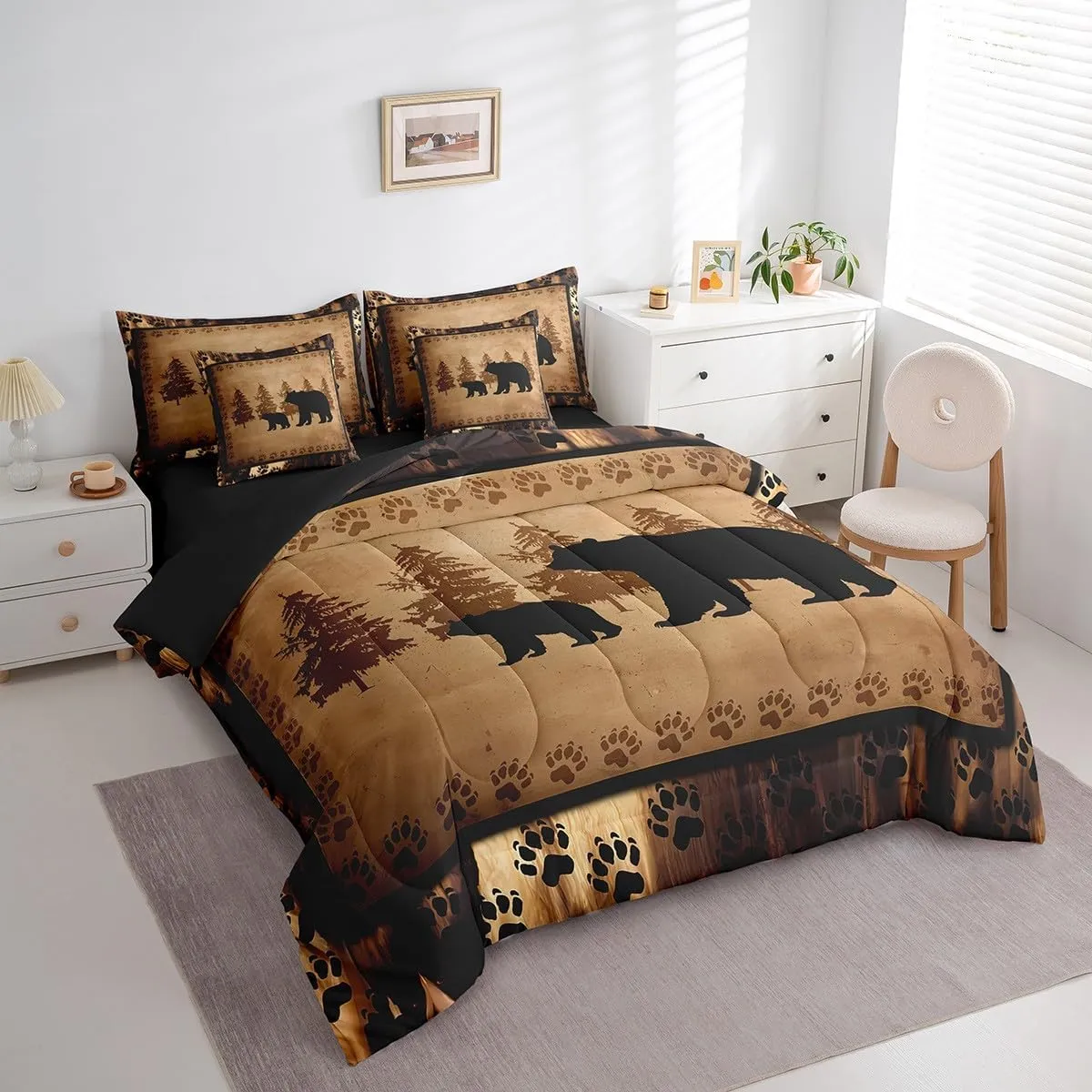 Feelyou Bear Comforter Set Queen Size 7 Pcs Cabin Lodge Bear Comforter Bed in a Bag Rustic Wild Animals Bedding Set for Boys Girls Bear Hunting Bed Set with Sheets, Pillowcases, Pillow Covers