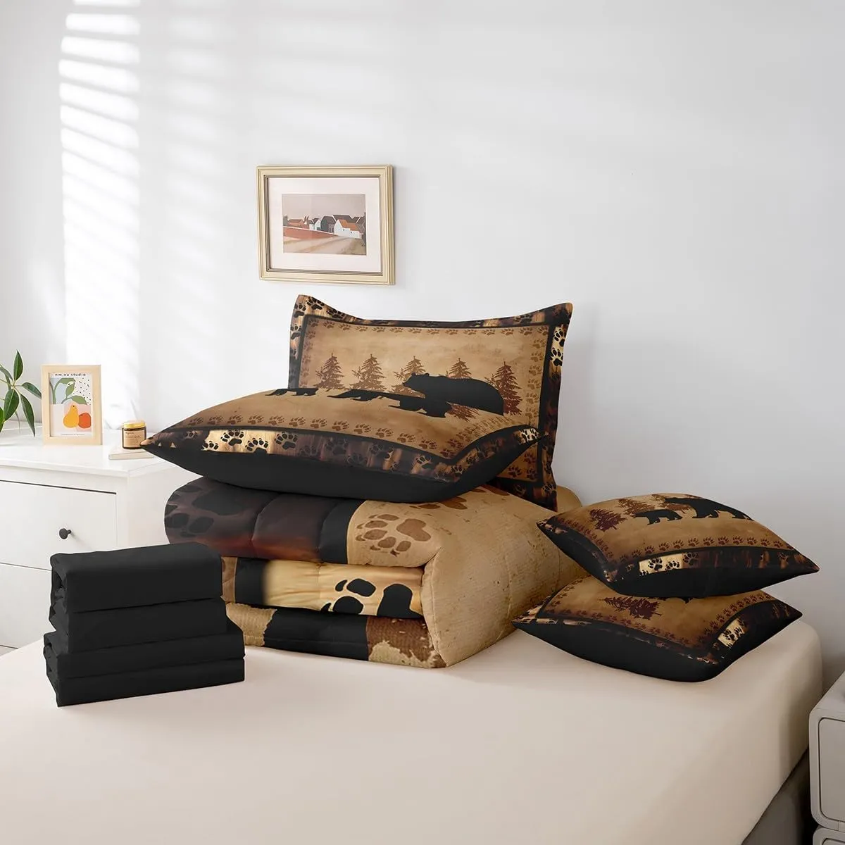 Feelyou Bear Comforter Set Queen Size 7 Pcs Cabin Lodge Bear Comforter Bed in a Bag Rustic Wild Animals Bedding Set for Boys Girls Bear Hunting Bed Set with Sheets, Pillowcases, Pillow Covers
