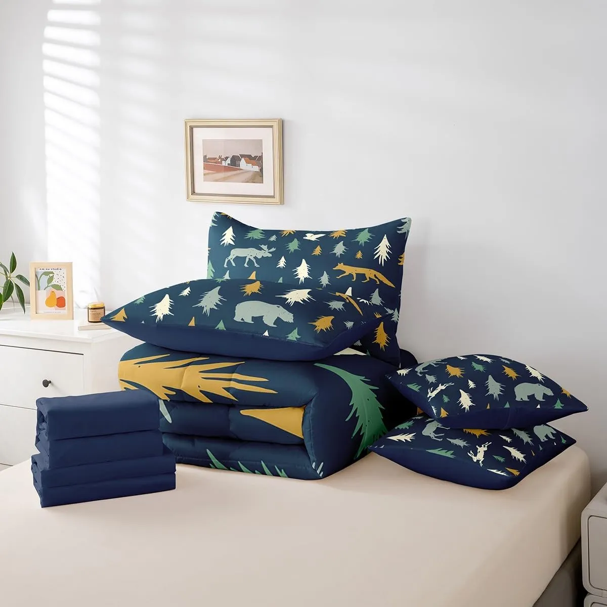 Feelyou Bear Comforter Set Twin Size 7 Pcs Woodland Fox Deer Comforter Bed in a Bag Cabin Lodge Farmhouse Bedding Set for Boys Girls Rustic Wild Animal Bed Set with Sheets, Pillowcases, Pillow Covers