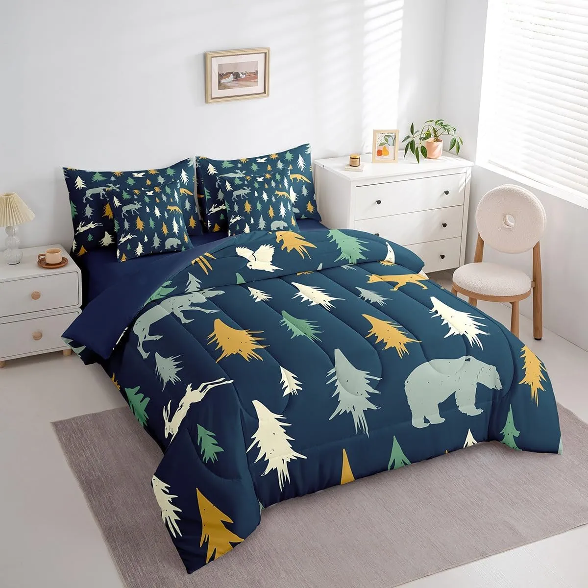 Feelyou Bear Comforter Set Twin Size 7 Pcs Woodland Fox Deer Comforter Bed in a Bag Cabin Lodge Farmhouse Bedding Set for Boys Girls Rustic Wild Animal Bed Set with Sheets, Pillowcases, Pillow Covers