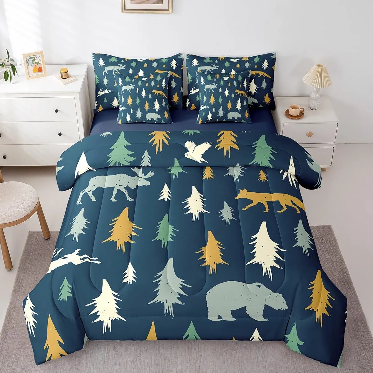 Feelyou Bear Comforter Set Twin Size 7 Pcs Woodland Fox Deer Comforter Bed in a Bag Cabin Lodge Farmhouse Bedding Set for Boys Girls Rustic Wild Animal Bed Set with Sheets, Pillowcases, Pillow Covers