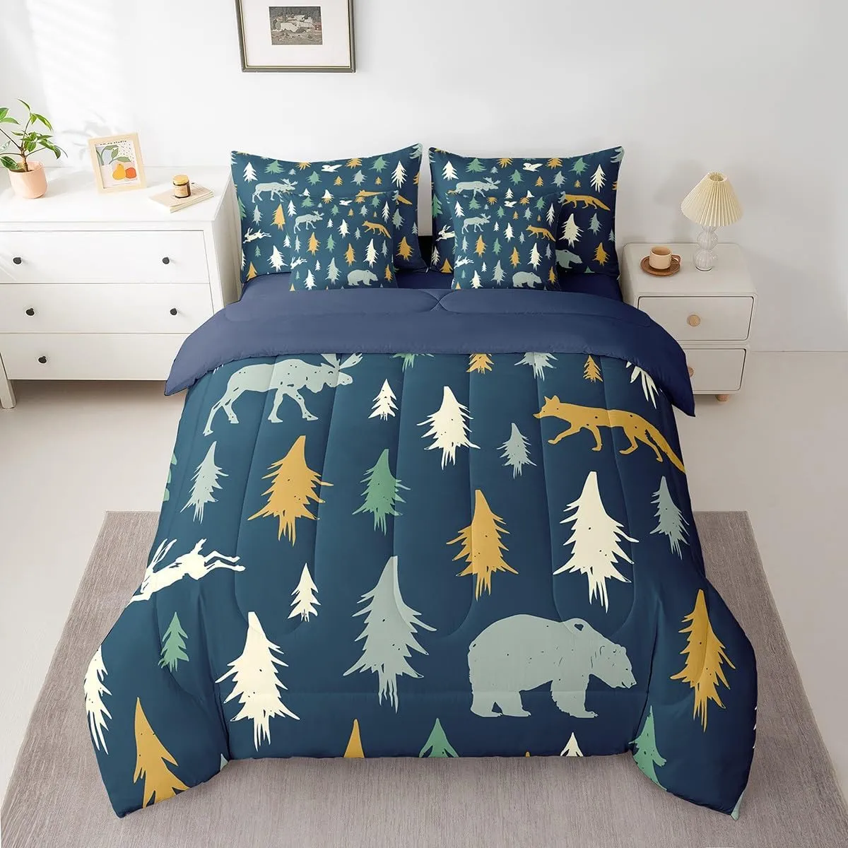 Feelyou Bear Comforter Set Twin Size 7 Pcs Woodland Fox Deer Comforter Bed in a Bag Cabin Lodge Farmhouse Bedding Set for Boys Girls Rustic Wild Animal Bed Set with Sheets, Pillowcases, Pillow Covers