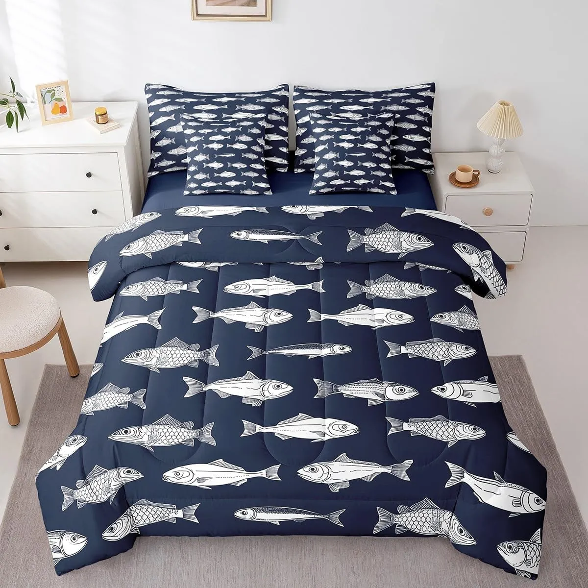 Feelyou Big Pike Fish Bedding Set All Season King Size Bass Big Fish Comforter Set 7 Pieces Fishing Hunting Fisherman Fish Man Bed in a Bag for Blue Bed Set with Comforter, Sheet Set, Pillowcases