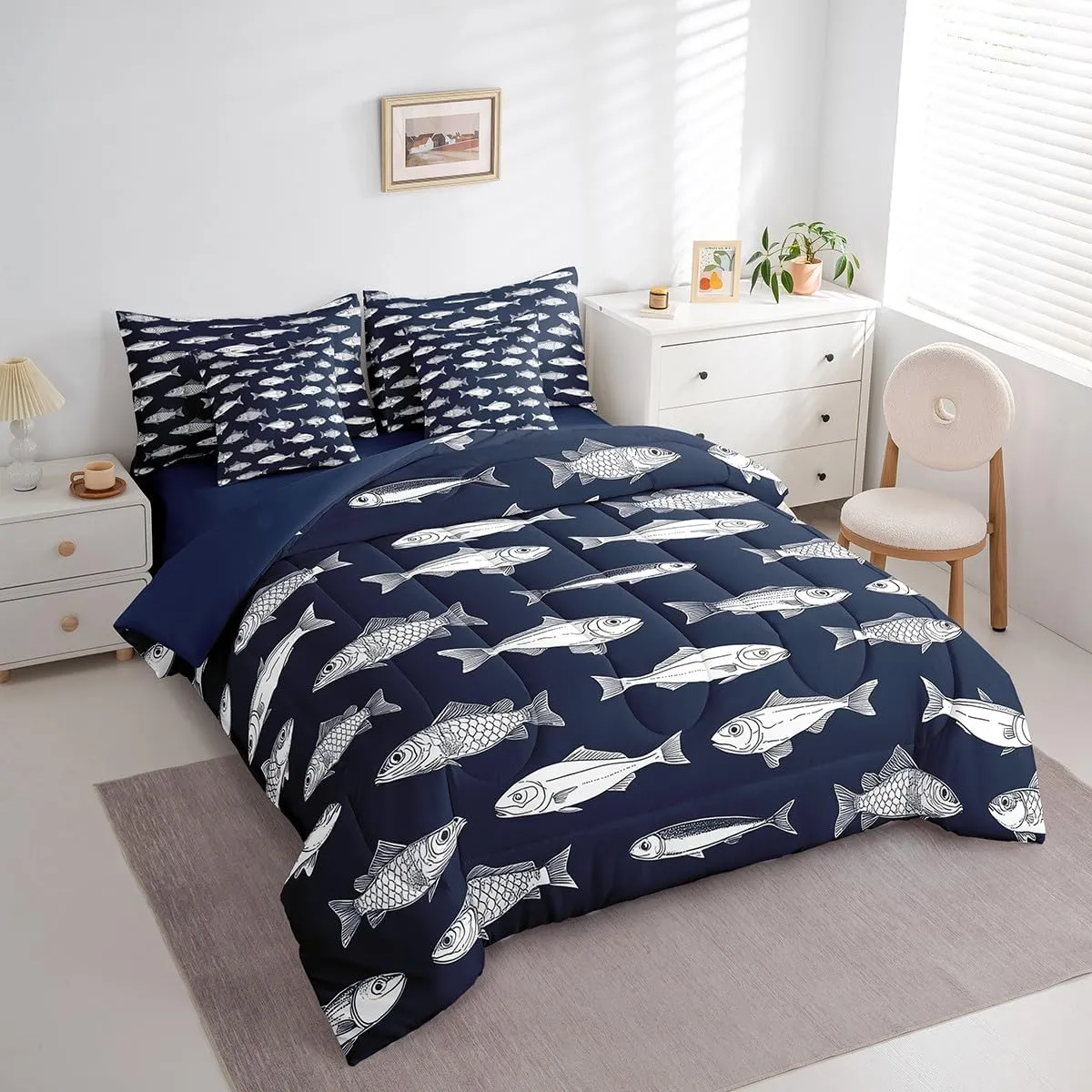 Feelyou Big Pike Fish Bedding Set All Season King Size Bass Big Fish Comforter Set 7 Pieces Fishing Hunting Fisherman Fish Man Bed in a Bag for Blue Bed Set with Comforter, Sheet Set, Pillowcases