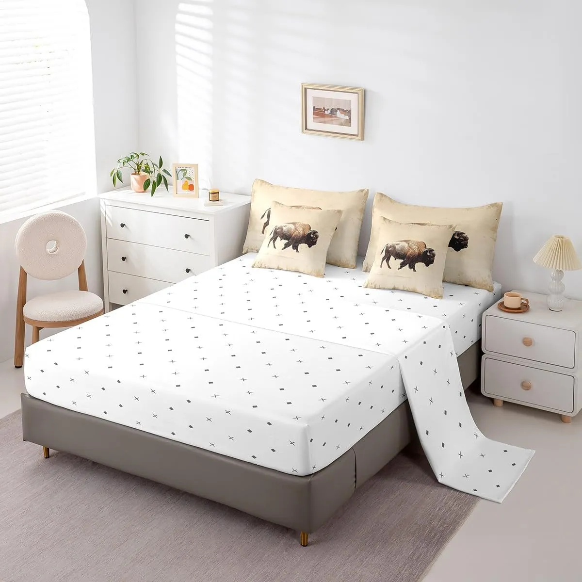 Feelyou Buffalo Bedding Set Queen Size Wild American Bison Comforter Set 7 Pieces 3D Wild Animal Wildlife Ranch North American Bed in a Bag for Khaki Bed Set with Comforter, Sheet Set, Pillowcases