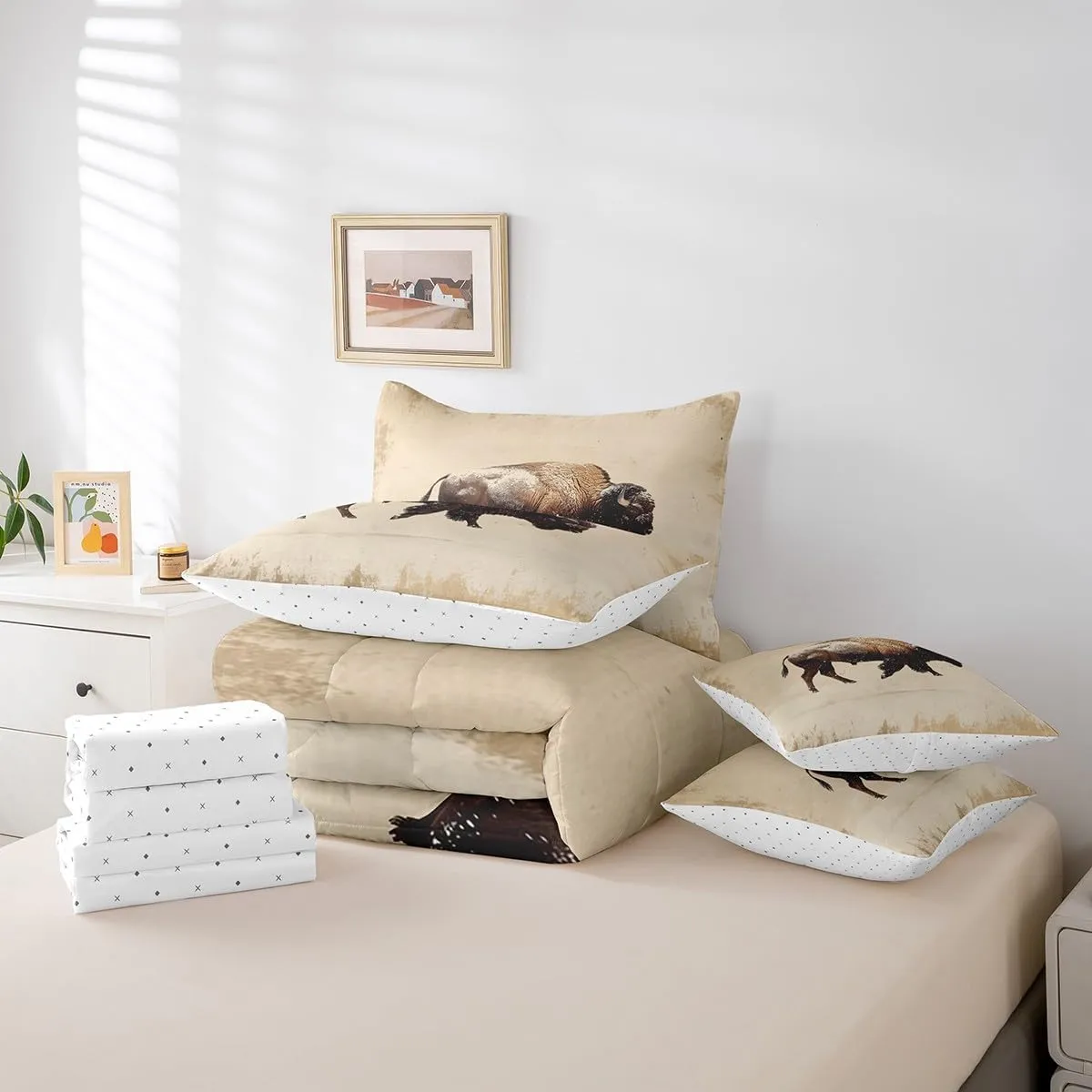 Feelyou Buffalo Bedding Set Queen Size Wild American Bison Comforter Set 7 Pieces 3D Wild Animal Wildlife Ranch North American Bed in a Bag for Khaki Bed Set with Comforter, Sheet Set, Pillowcases