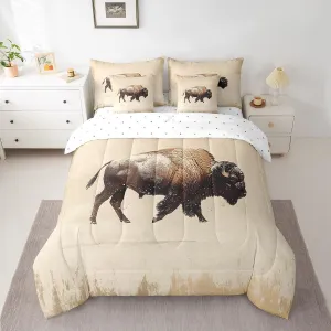 Feelyou Buffalo Bedding Set Queen Size Wild American Bison Comforter Set 7 Pieces 3D Wild Animal Wildlife Ranch North American Bed in a Bag for Khaki Bed Set with Comforter, Sheet Set, Pillowcases