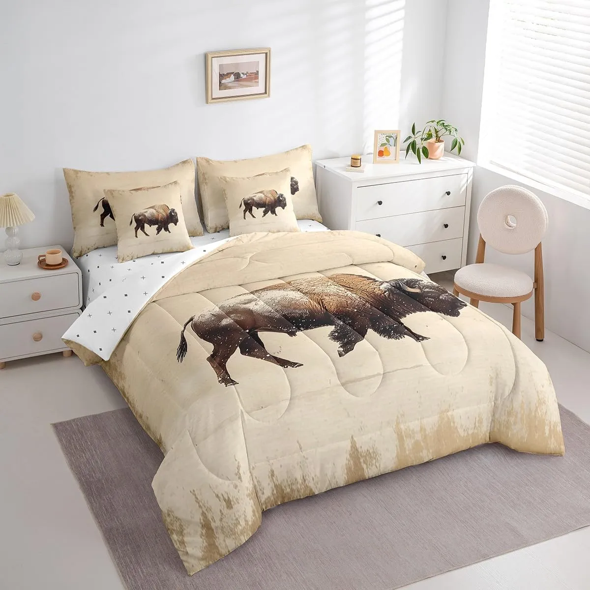 Feelyou Buffalo Bedding Set Queen Size Wild American Bison Comforter Set 7 Pieces 3D Wild Animal Wildlife Ranch North American Bed in a Bag for Khaki Bed Set with Comforter, Sheet Set, Pillowcases