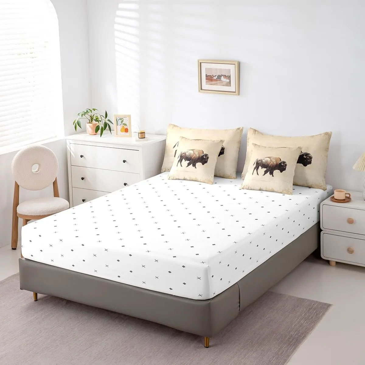 Feelyou Buffalo Bedding Set Queen Size Wild American Bison Comforter Set 7 Pieces 3D Wild Animal Wildlife Ranch North American Bed in a Bag for Khaki Bed Set with Comforter, Sheet Set, Pillowcases