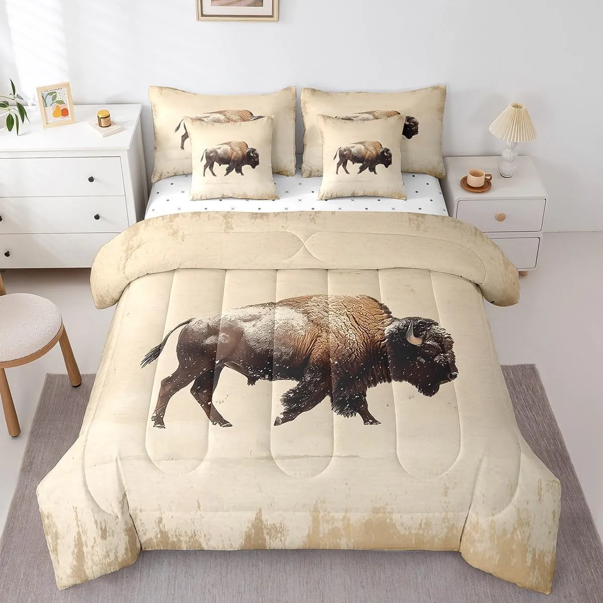 Feelyou Buffalo Bedding Set Queen Size Wild American Bison Comforter Set 7 Pieces 3D Wild Animal Wildlife Ranch North American Bed in a Bag for Khaki Bed Set with Comforter, Sheet Set, Pillowcases