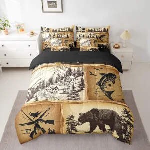 Feelyou Cabin Bear 7 Pieces Bedding Set, King Vintage Farmhouse Bear All Season,Bed in a Bag with Comforter, Sheets, Pillowcases Room Decor Nature Wildlife Bear Bed Set Vintage Fishing Hunting