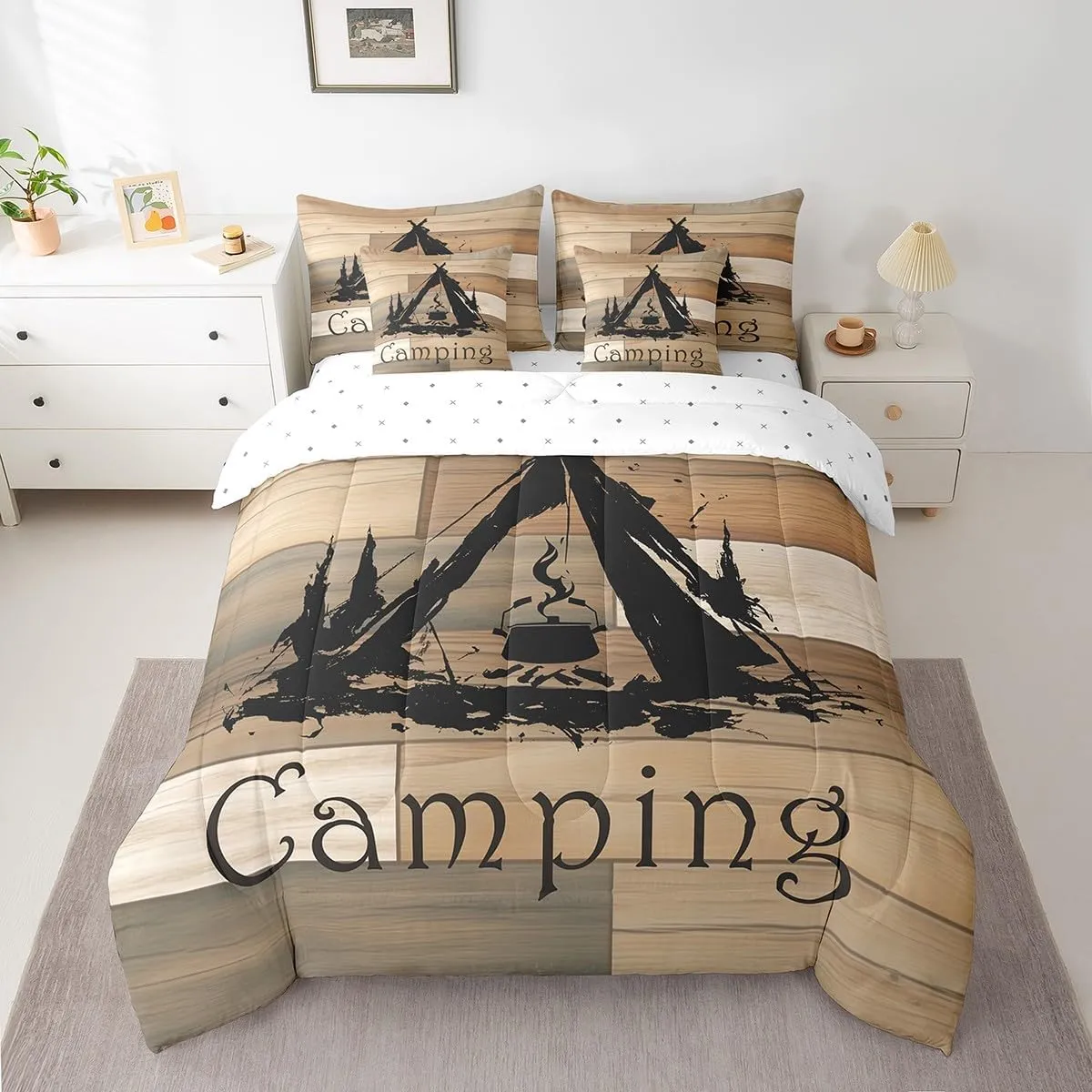 Feelyou Camping 7 Pieces Bedding Set Queen Size Bonfire Comforter Set with Sheets for Kids Boys Girls Tent Bed in a Bag Camper Accessories for Travel Trailers Bed Set Beige Brown