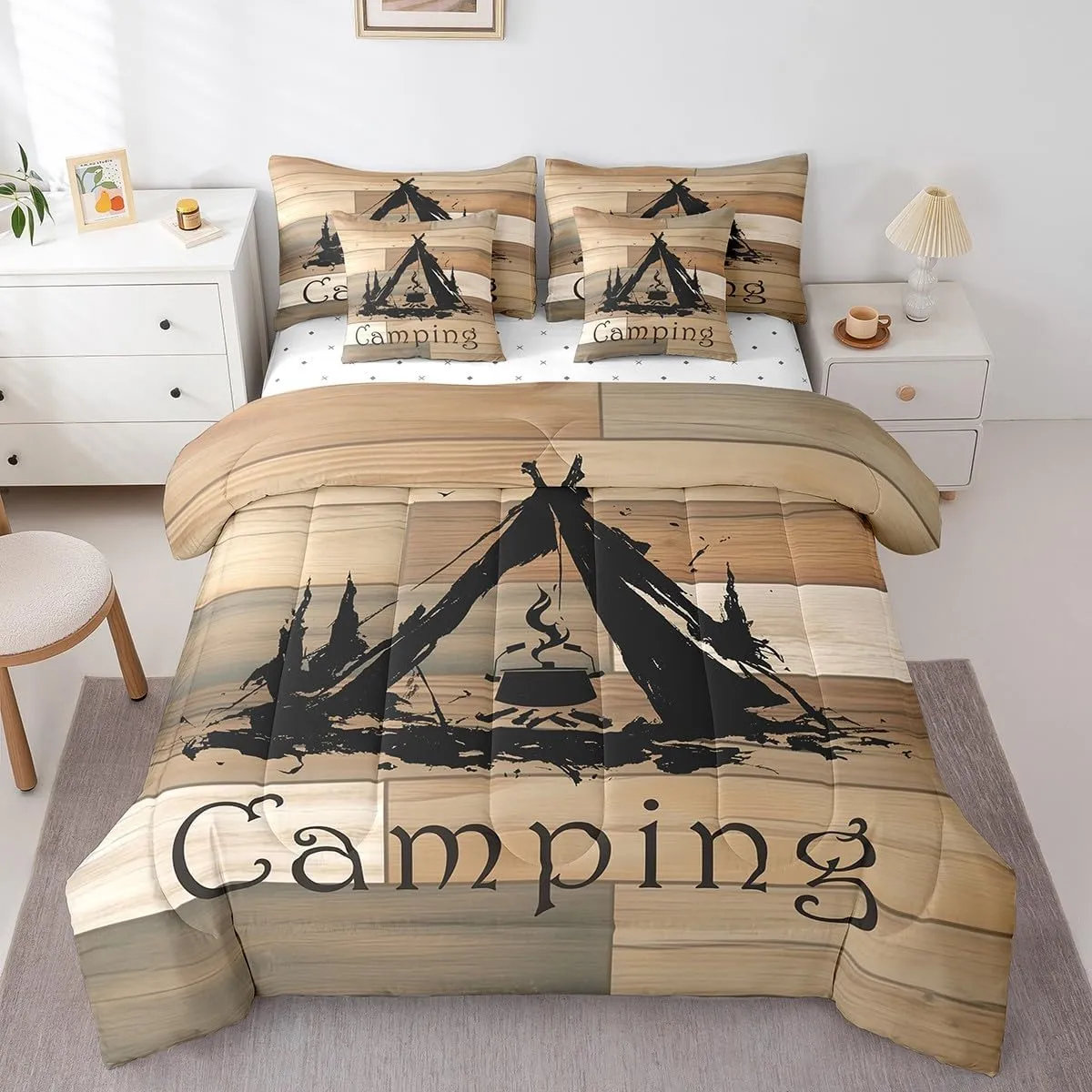Feelyou Camping 7 Pieces Bedding Set Queen Size Bonfire Comforter Set with Sheets for Kids Boys Girls Tent Bed in a Bag Camper Accessories for Travel Trailers Bed Set Beige Brown