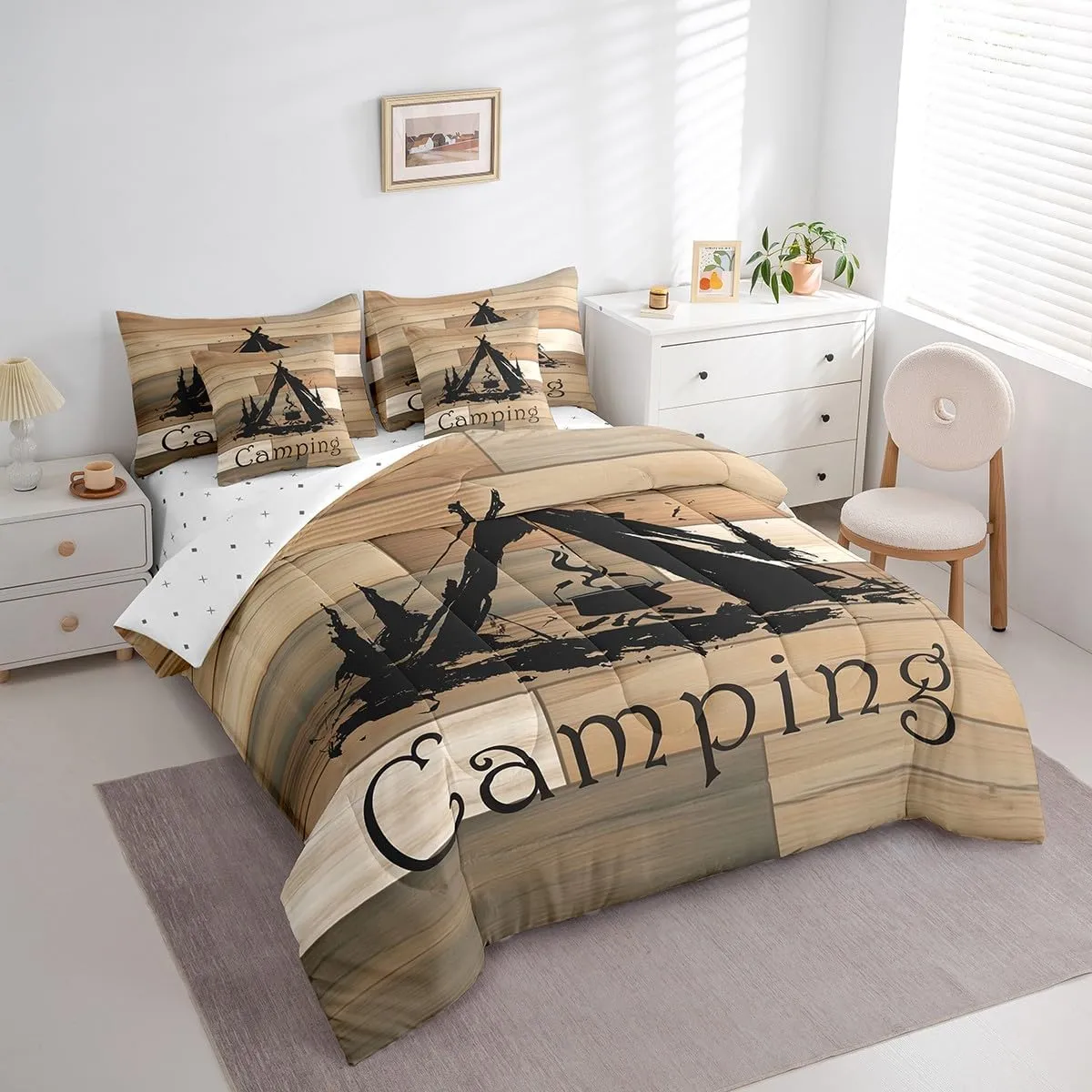 Feelyou Camping 7 Pieces Bedding Set Queen Size Bonfire Comforter Set with Sheets for Kids Boys Girls Tent Bed in a Bag Camper Accessories for Travel Trailers Bed Set Beige Brown