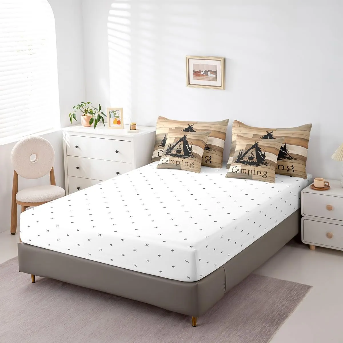Feelyou Camping 7 Pieces Bedding Set Queen Size Bonfire Comforter Set with Sheets for Kids Boys Girls Tent Bed in a Bag Camper Accessories for Travel Trailers Bed Set Beige Brown