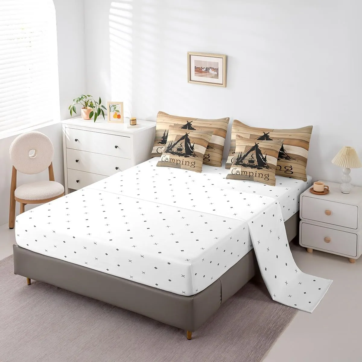 Feelyou Camping 7 Pieces Bedding Set Queen Size Bonfire Comforter Set with Sheets for Kids Boys Girls Tent Bed in a Bag Camper Accessories for Travel Trailers Bed Set Beige Brown