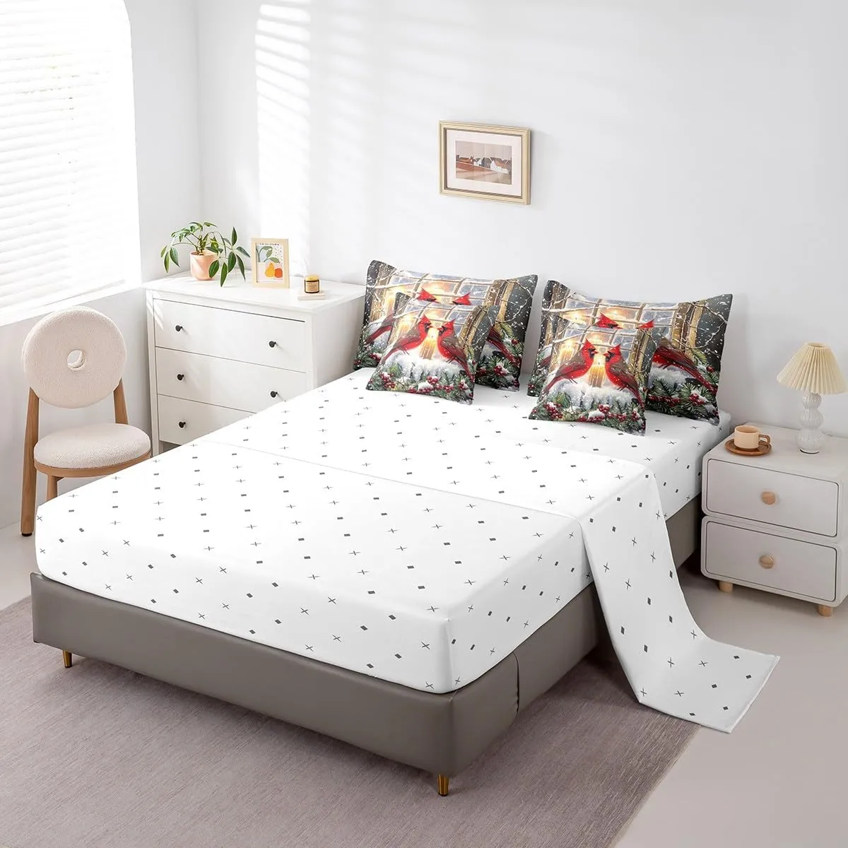 Feelyou Cardinal Bird Bedding Set King Size Merry Christmas Comforter Set 7 Pieces Farmhouse Red Birds Red Sparrows Xmas Snow Berry Bed in a Bag Red Bed Set with Comforter, Sheet Set, Pillowcases