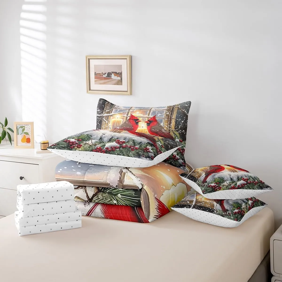 Feelyou Cardinal Bird Bedding Set King Size Merry Christmas Comforter Set 7 Pieces Farmhouse Red Birds Red Sparrows Xmas Snow Berry Bed in a Bag Red Bed Set with Comforter, Sheet Set, Pillowcases