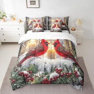 Feelyou Cardinal Bird Bedding Set King Size Merry Christmas Comforter Set 7 Pieces Farmhouse Red Birds Red Sparrows Xmas Snow Berry Bed in a Bag Red Bed Set with Comforter, Sheet Set, Pillowcases