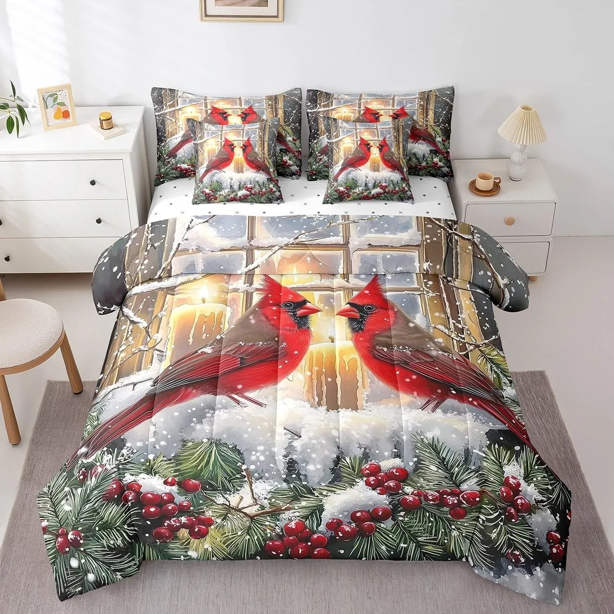 Feelyou Cardinal Bird Bedding Set King Size Merry Christmas Comforter Set 7 Pieces Farmhouse Red Birds Red Sparrows Xmas Snow Berry Bed in a Bag Red Bed Set with Comforter, Sheet Set, Pillowcases