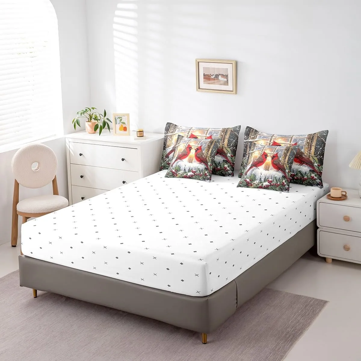 Feelyou Cardinal Bird Bedding Set King Size Merry Christmas Comforter Set 7 Pieces Farmhouse Red Birds Red Sparrows Xmas Snow Berry Bed in a Bag Red Bed Set with Comforter, Sheet Set, Pillowcases