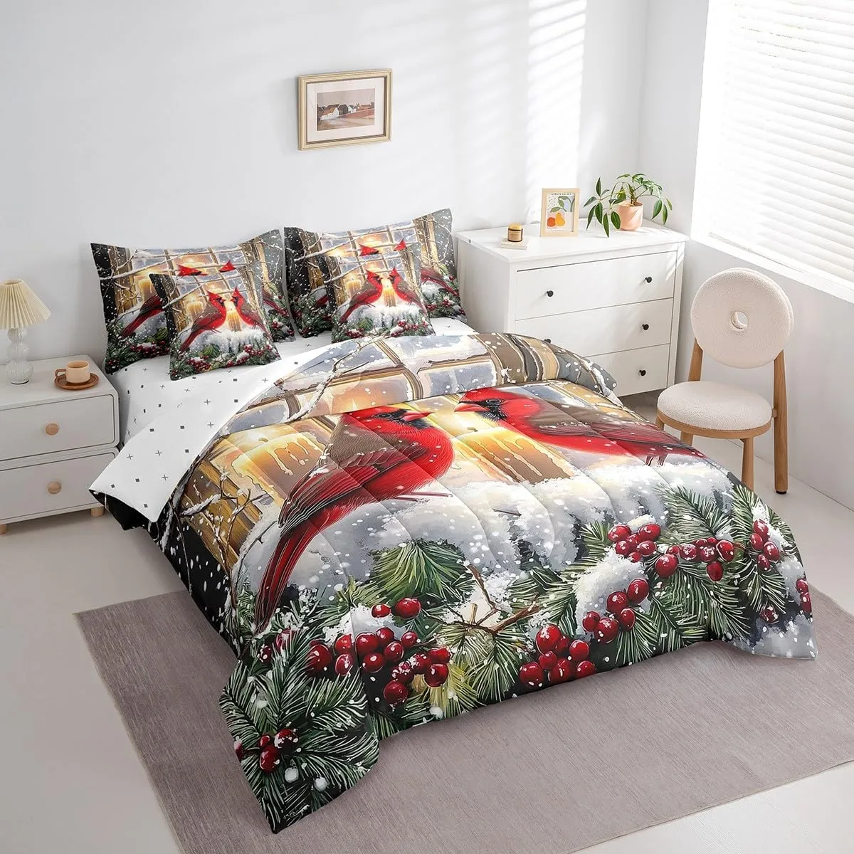 Feelyou Cardinal Bird Bedding Set King Size Merry Christmas Comforter Set 7 Pieces Farmhouse Red Birds Red Sparrows Xmas Snow Berry Bed in a Bag Red Bed Set with Comforter, Sheet Set, Pillowcases
