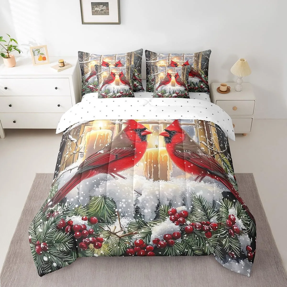 Feelyou Cardinal Bird Bedding Set King Size Merry Christmas Comforter Set 7 Pieces Farmhouse Red Birds Red Sparrows Xmas Snow Berry Bed in a Bag Red Bed Set with Comforter, Sheet Set, Pillowcases