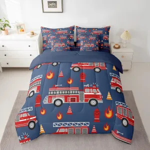 Feelyou Cartoon Car Bedding Set Fire Truck Comforter Set with Sheets 7 Piece Twin Size for Kids Boys Girls Room Decor Firefighter Bed in a Bag Firemen Car Vehicle Fire Engine Blue Red Bed Set