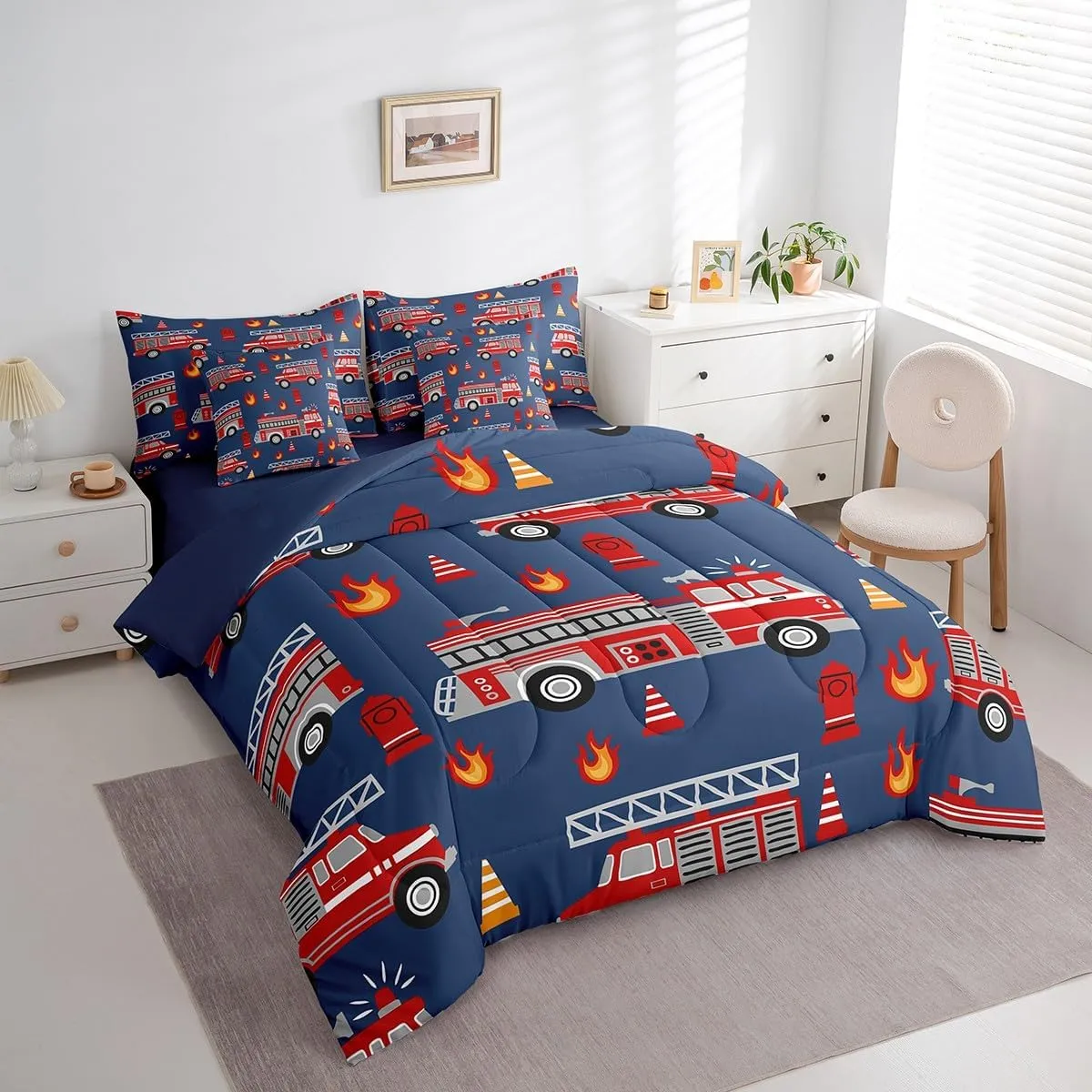 Feelyou Cartoon Car Bedding Set Fire Truck Comforter Set with Sheets 7 Piece Twin Size for Kids Boys Girls Room Decor Firefighter Bed in a Bag Firemen Car Vehicle Fire Engine Blue Red Bed Set