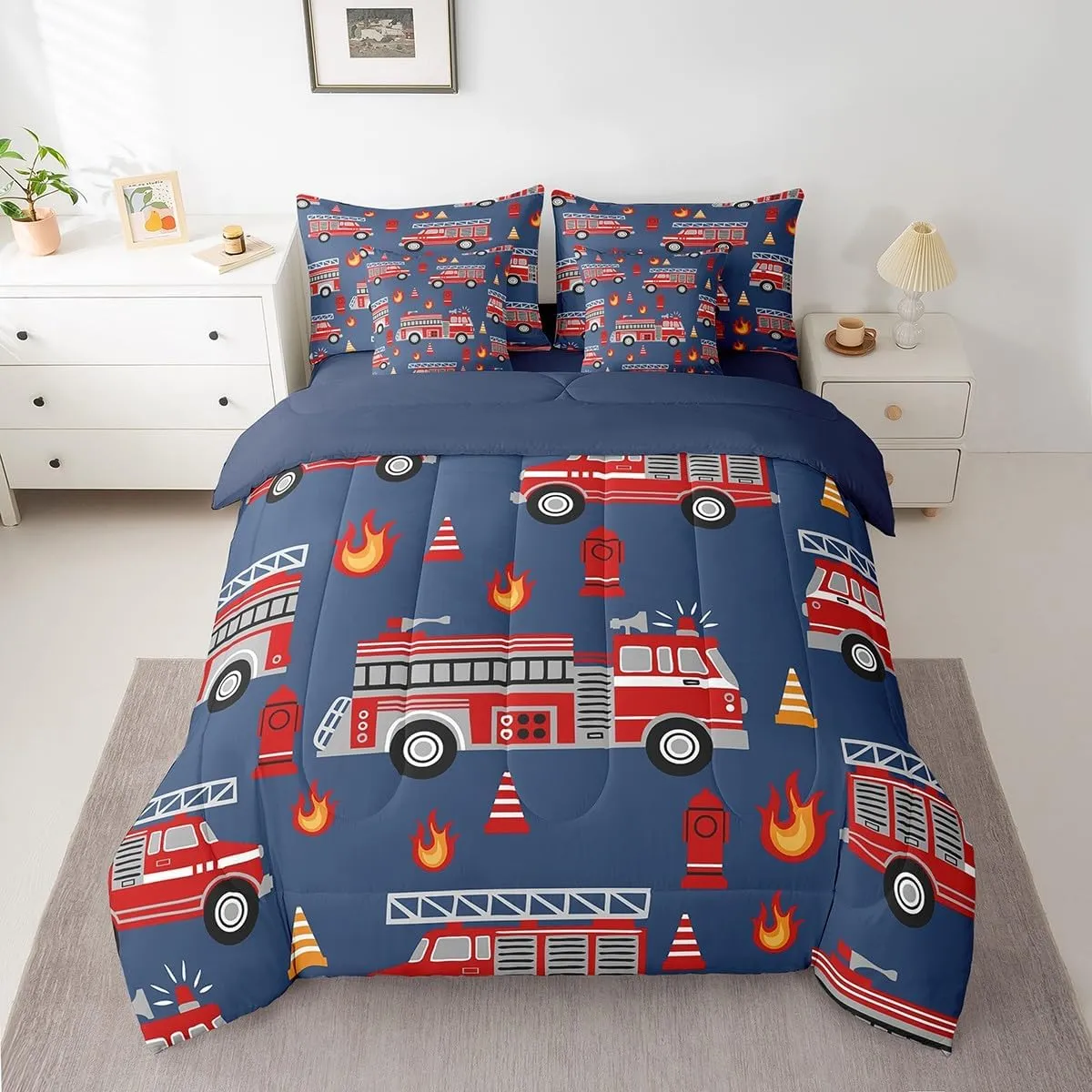 Feelyou Cartoon Car Bedding Set Fire Truck Comforter Set with Sheets 7 Piece Twin Size for Kids Boys Girls Room Decor Firefighter Bed in a Bag Firemen Car Vehicle Fire Engine Blue Red Bed Set