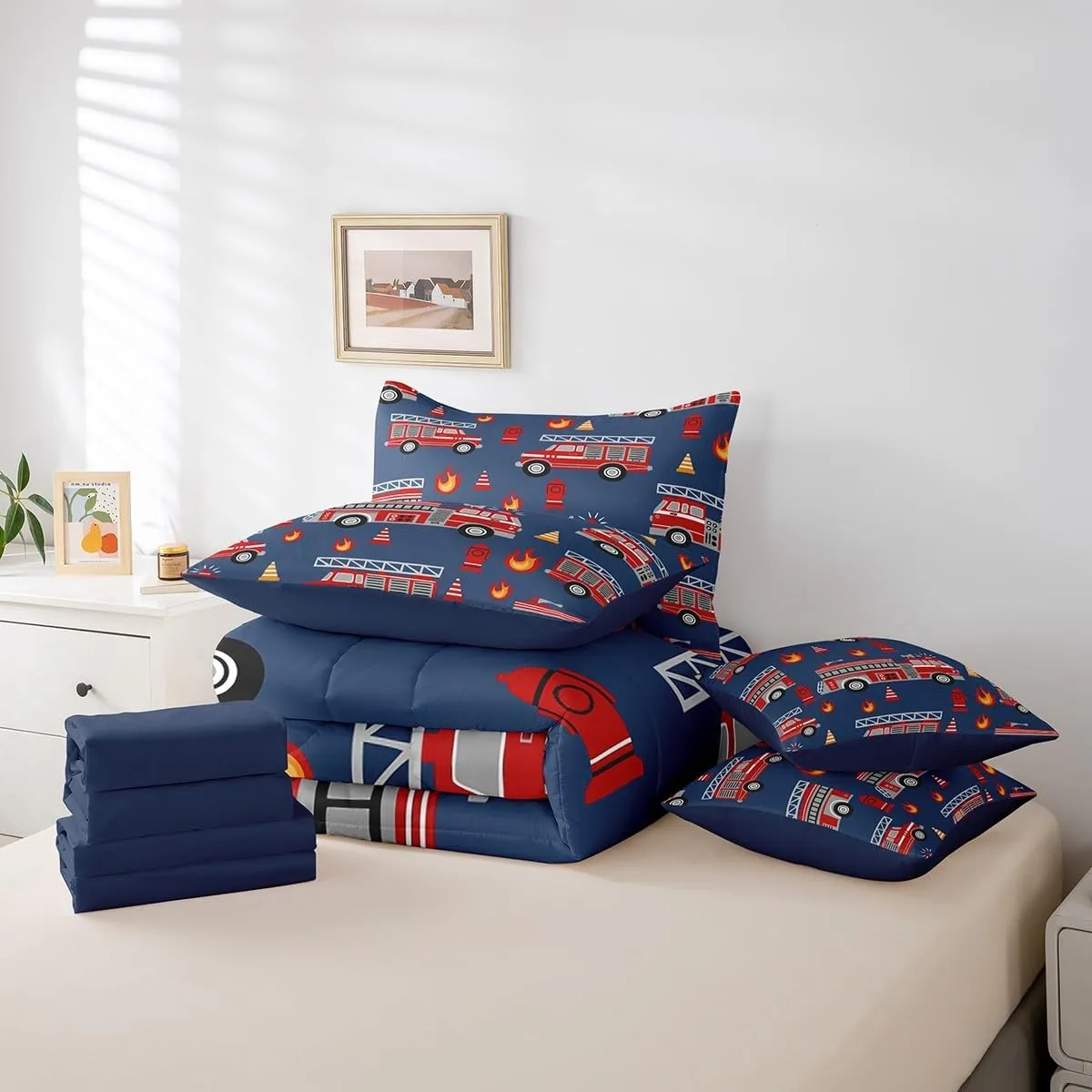 Feelyou Cartoon Car Bedding Set Fire Truck Comforter Set with Sheets 7 Piece Twin Size for Kids Boys Girls Room Decor Firefighter Bed in a Bag Firemen Car Vehicle Fire Engine Blue Red Bed Set