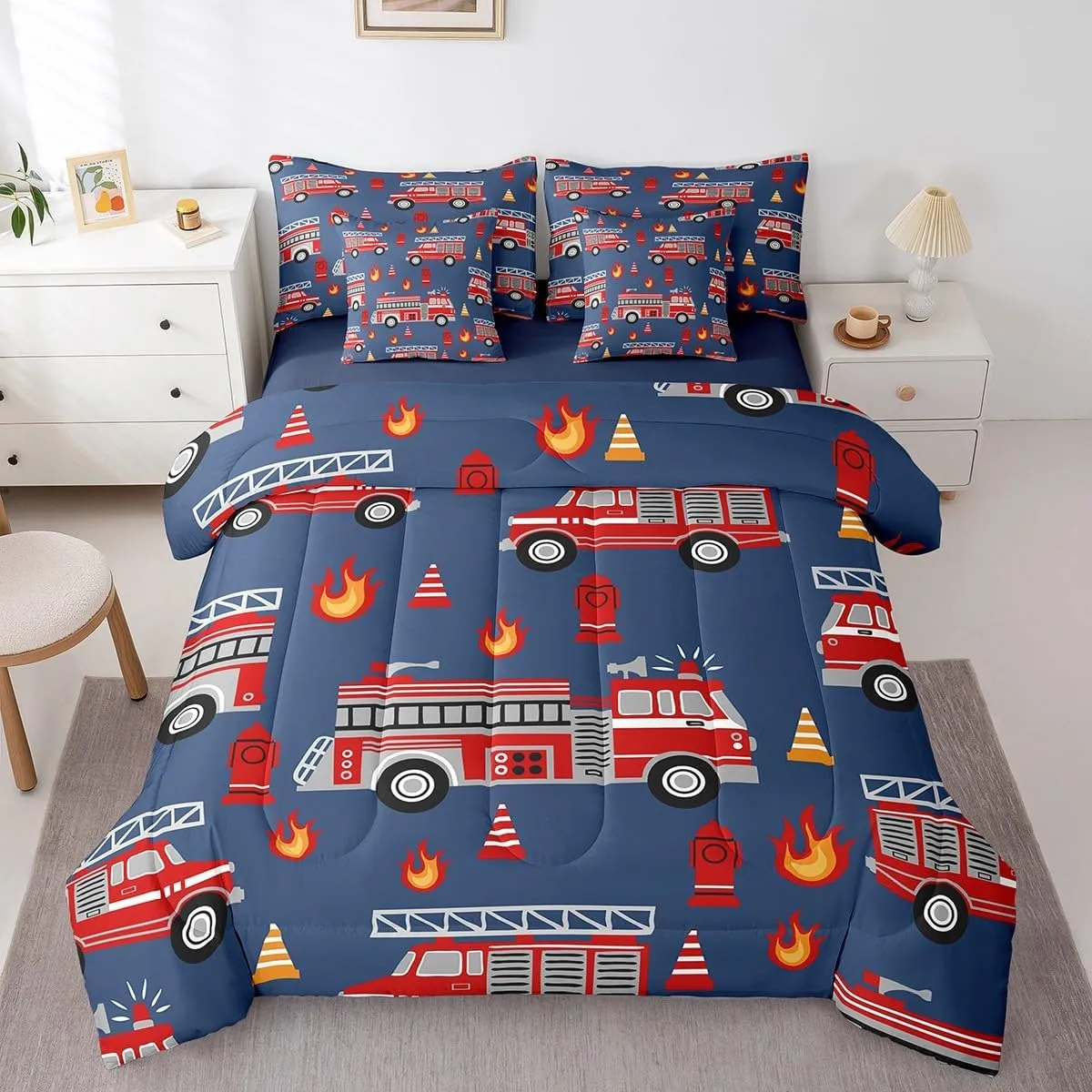 Feelyou Cartoon Car Bedding Set Fire Truck Comforter Set with Sheets 7 Piece Twin Size for Kids Boys Girls Room Decor Firefighter Bed in a Bag Firemen Car Vehicle Fire Engine Blue Red Bed Set