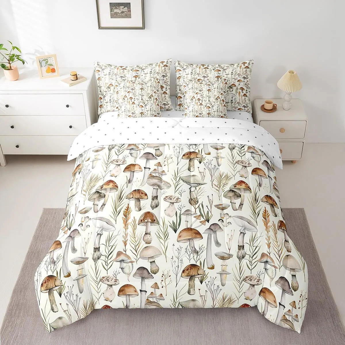 Feelyou Cartoon Mushrooms 7 Pieces Bedding Set, Full Size Kawaii Fungus Bed in a Bag, for Kids Teens Adults Wild Mushroom Stuff Bed Set Includes Comforter, Sheet Set, Pillowcases & Pillow Covers Cute
