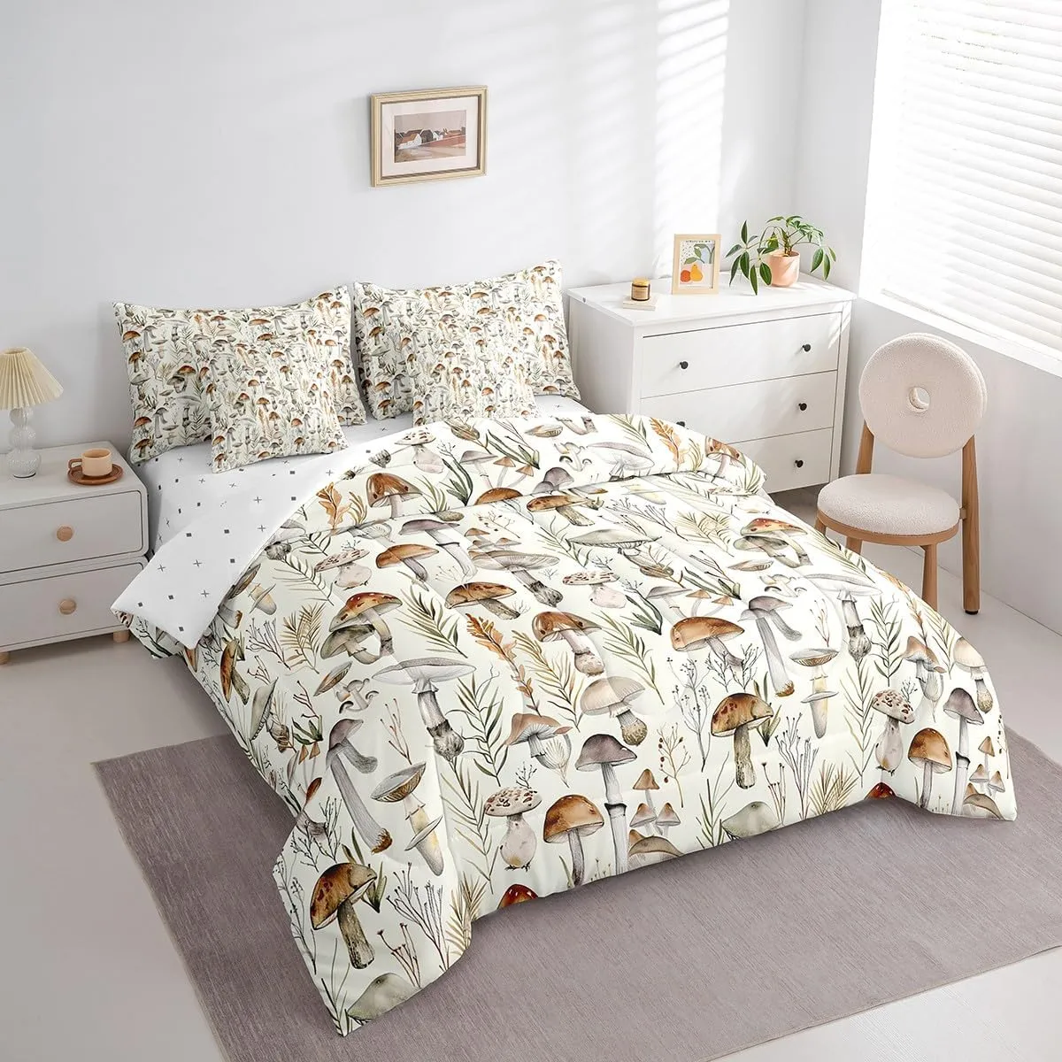 Feelyou Cartoon Mushrooms 7 Pieces Bedding Set, Full Size Kawaii Fungus Bed in a Bag, for Kids Teens Adults Wild Mushroom Stuff Bed Set Includes Comforter, Sheet Set, Pillowcases & Pillow Covers Cute