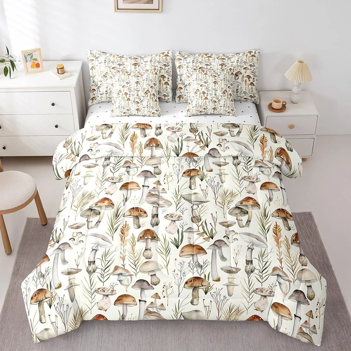 Feelyou Cartoon Mushrooms 7 Pieces Bedding Set, Full Size Kawaii Fungus Bed in a Bag, for Kids Teens Adults Wild Mushroom Stuff Bed Set Includes Comforter, Sheet Set, Pillowcases & Pillow Covers Cute