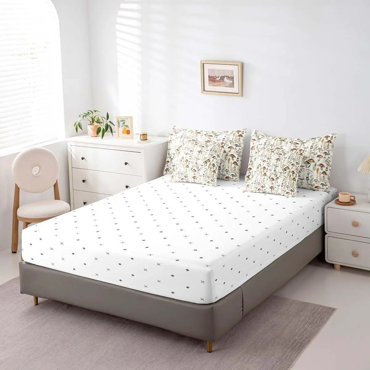 Feelyou Cartoon Mushrooms 7 Pieces Bedding Set, Full Size Kawaii Fungus Bed in a Bag, for Kids Teens Adults Wild Mushroom Stuff Bed Set Includes Comforter, Sheet Set, Pillowcases & Pillow Covers Cute