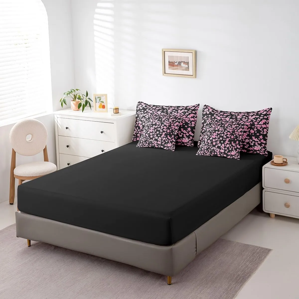 Feelyou Cherry Blossoms 7 Pieces Bedding Set Queen Size Kids Japanese Style Bed in a Bag, Flower Bed Set Includes Comforter, Sheet Set, Pillowcases Breathable Floral Botanical Room Decor Branches