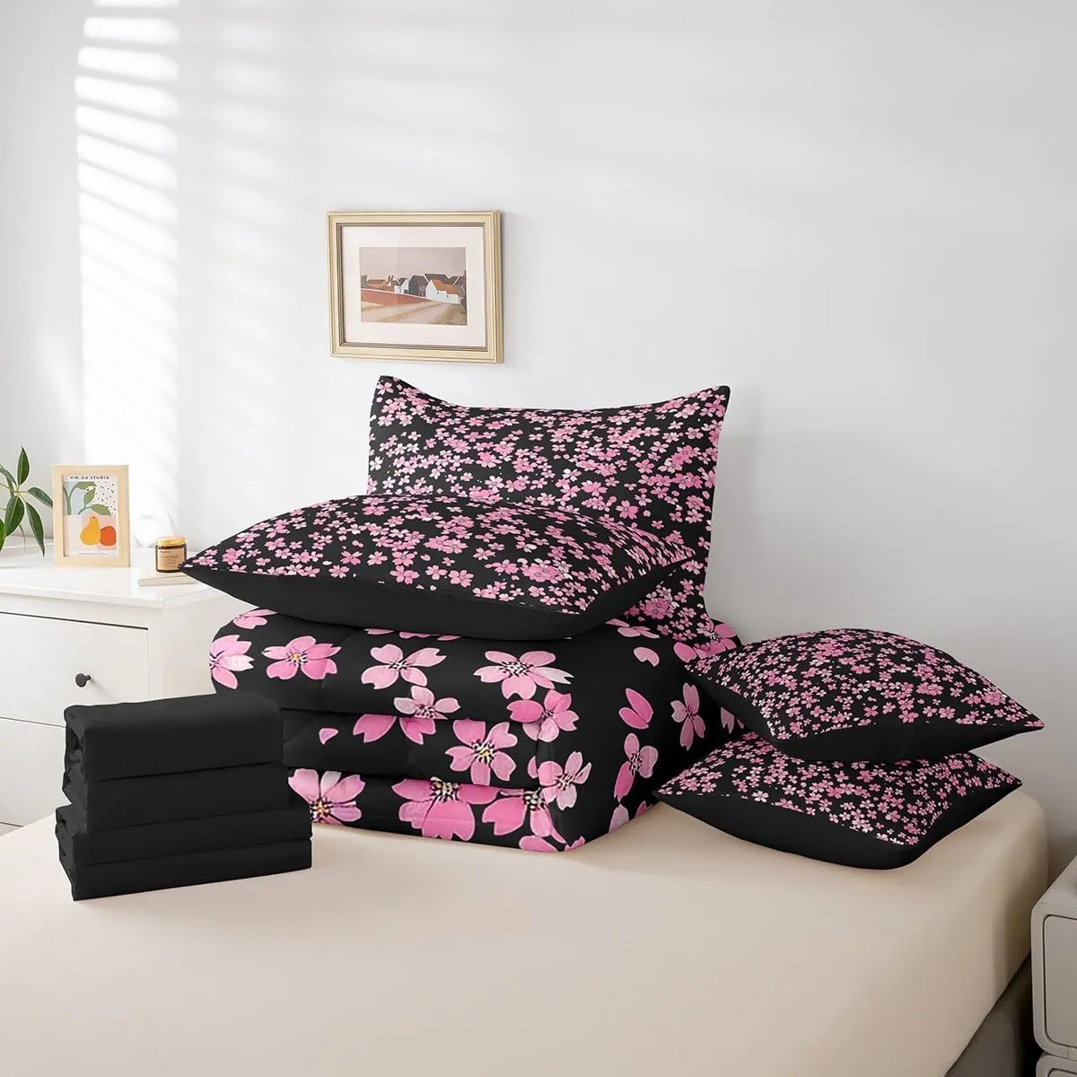 Feelyou Cherry Blossoms 7 Pieces Bedding Set Queen Size Kids Japanese Style Bed in a Bag, Flower Bed Set Includes Comforter, Sheet Set, Pillowcases Breathable Floral Botanical Room Decor Branches