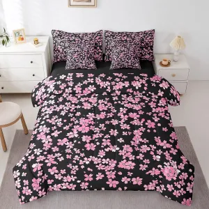 Feelyou Cherry Blossoms 7 Pieces Bedding Set Queen Size Kids Japanese Style Bed in a Bag, Flower Bed Set Includes Comforter, Sheet Set, Pillowcases Breathable Floral Botanical Room Decor Branches