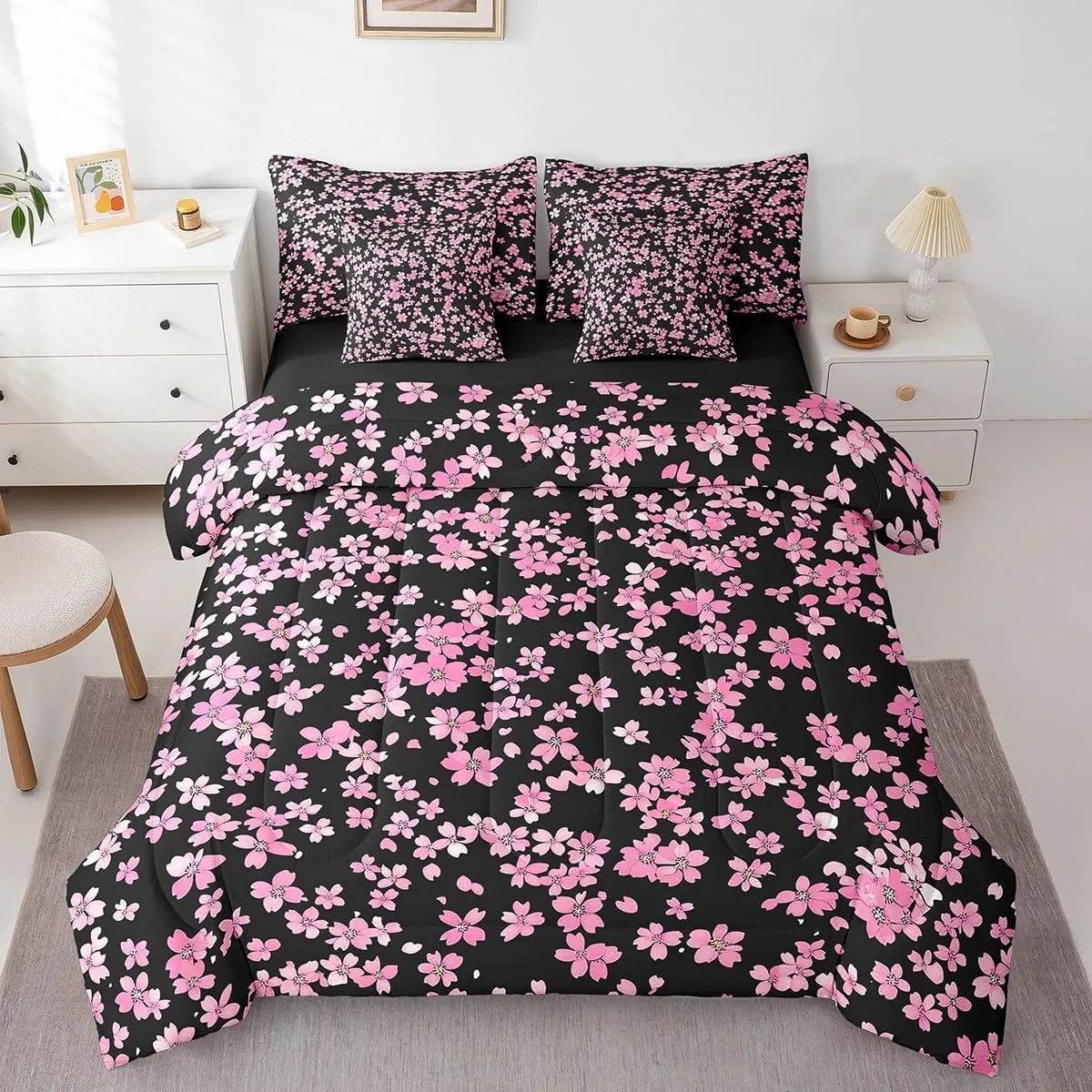 Feelyou Cherry Blossoms 7 Pieces Bedding Set Queen Size Kids Japanese Style Bed in a Bag, Flower Bed Set Includes Comforter, Sheet Set, Pillowcases Breathable Floral Botanical Room Decor Branches